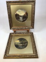 A pair of oil paintings of rural waterside scenes set in round gold mounts in gilded frames W:43cm x