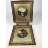 A pair of oil paintings of rural waterside scenes set in round gold mounts in gilded frames W:43cm x