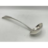 Late Georgian, Provincial silver fiddle-style rat tail serving spoon. Makers mark for Hugh and