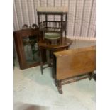 A mahogany Sutherland table also with an octagonal table, piano stool, small footstool and a