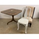 An oak square topped tilt table on tripod base also with a nursing chair and a painted chair. W:83cm