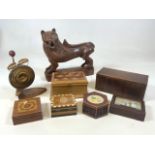Treen boxes one with a hand painted ship a small horn gong also with a large carved dog of foe.