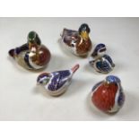 Royal Crown Derby paperweights of birds, includes three ducks and two birds. With silver and gold