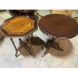 A Victorian inlaid octagonal table with turned legs and stretchers also with a circular occasional
