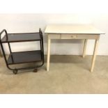 A mid century kitchen table with drawer also with a two tier trolley by Kandya. W:92cm x D:61cm x