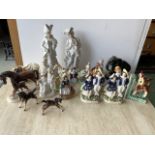 Flat back Staffordshire figures together with various others including animals and musical figures