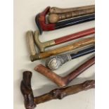 A collection of walking sticks to include horn handle, painted bird head, twisted form and others.