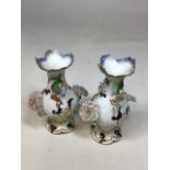 A pair of early English flower encrusted vases A/F chips and restoration to both W:15cm x H:19cm