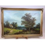 An oil on canvas of a rural lakeside scene. Indistinctly signed lower left W:100cm x H:69cm