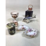 A Crown Derby dolphin paperweight, a boxed miniature kettle, two Derby posies items, two Old