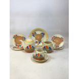 A Clarice Cliff Autumn Crocus part tea set comprising Windsor tea pot H: 16cm. Large jug H: 10cm,