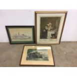 Two framed watercolours of nautical and armed forces interest, with one other print. Port Auckland