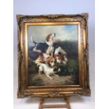 A reproduction oil on canvas copy after Stephane Oliver Paris, hunting dogs in ornate gilt frame W: