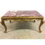 A modern decorative gilt framed coffee table with marble top. W:110cm x D:65cm x H:50cm