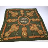 A vintage Hermes scarf Cuivreries by F de La Perriere in olive green colour way. Featuring shire