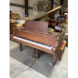 A baby grand piano Rogers of London. In matt oak finish, W:148cm x D:153cm x H:164cm