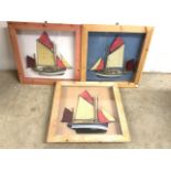 Three framed model ship dioramas in pine box frames. (Frame a.f) W:50cm x D:50cm x H:6cm