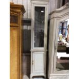 A tall showcase or display case hand painted with glass shelves with cupboard below with internal