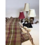 Three table lamps with four eyelet topped tartan curtains, tie backs and a Harrods bag. Curtains one