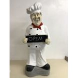 A shop advertising figure, resin chef with chalk board open sign. H:128cm