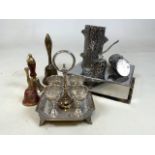Silver plated money box if the form of chopped logs and a tree trunk, also with a cruet set and