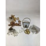 Two cherub lights with hanging lustres, a small bag of lustres and a vintage wall light