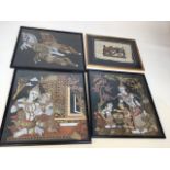 Four framed and glazed prints on fabric