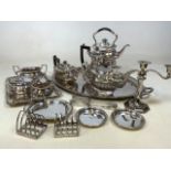 A large quantity of sliver plated item, spirit kettle, coffee tea and water pots, large tray and
