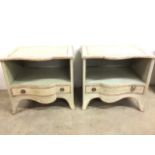 A pair of hand painted bedside cupboards with curved fronts and drawer to base with metal handles.