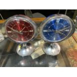 Two 1970s Big Ben Repeater Westclox alarm clocks, Stardust blue and red faces, made in Scotland
