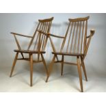 A pair of vintage blonde Ercol Goldsmith carver dining chairs. Seat height H:42cm