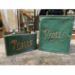 A Vintage Pratts oil can and carry tray with later painted Pratts logo.