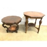 An octagonal oak occassional table with under shelf also with another decorative table.