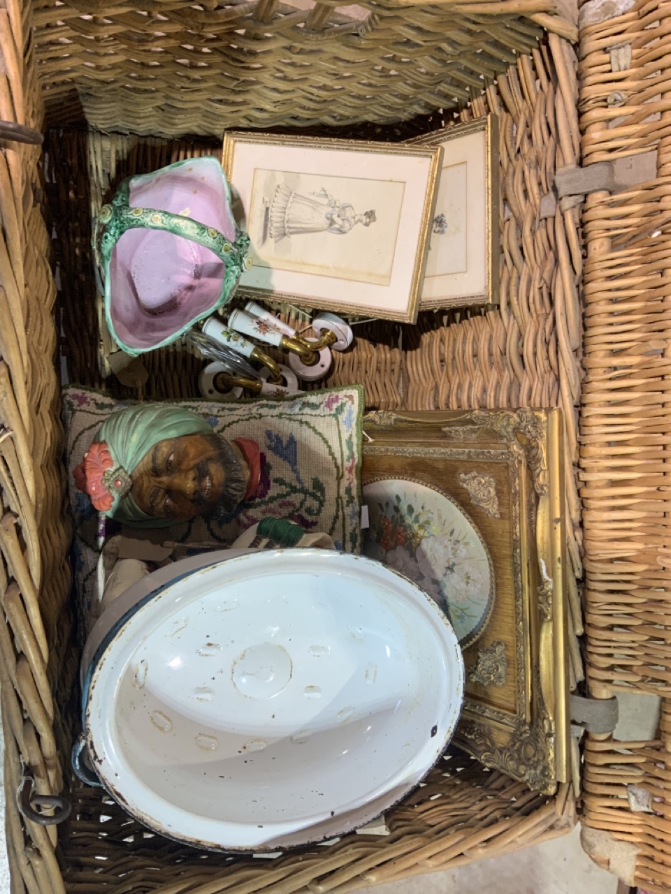 A large wicker basket with contents, ceramics and pictures etc. - Image 2 of 3