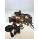 A Liptons tea caddy from the British Empire Exhibition 1926, a brass door knocker and other copper