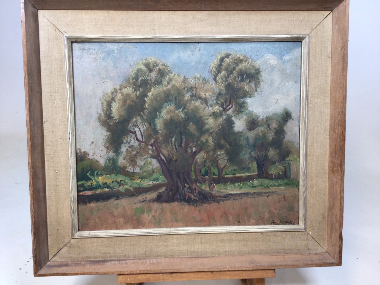 Hal Woolf (British 1902-1962) Study of a tree and people. Oil on board, signed bottom right. W: