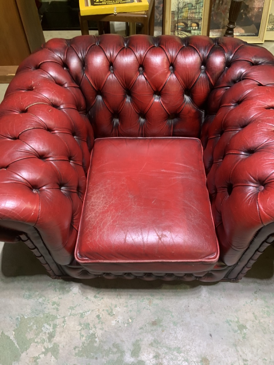 An ox blood red leather button back three seater chesterfield sofa also with an armchair. W:200cm - Image 4 of 5