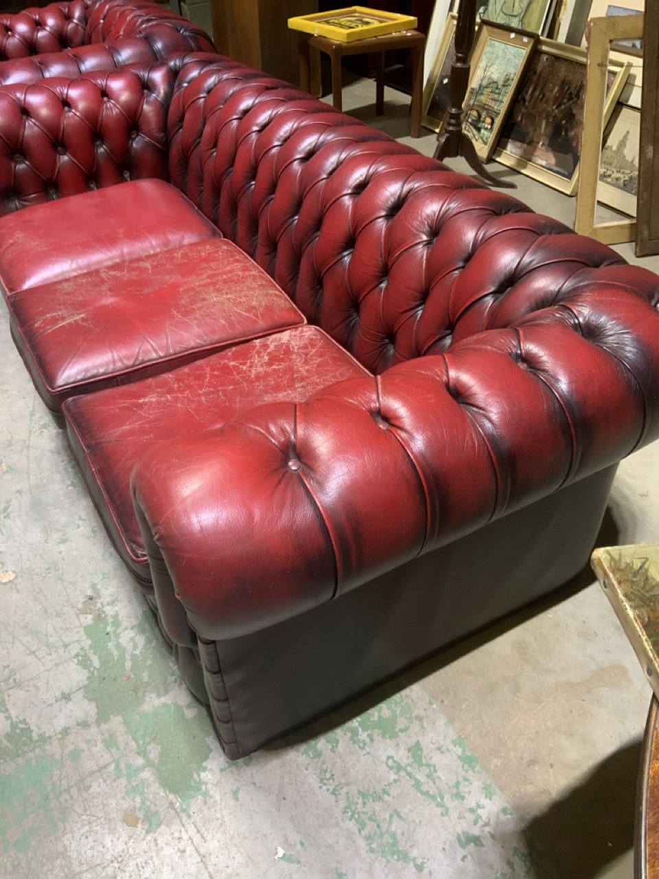 An ox blood red leather button back three seater chesterfield sofa also with an armchair. W:200cm - Image 2 of 5