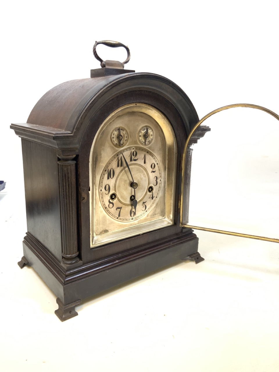 A Large wooden mantle clock marked Junghams Wurttemberg b21 inside. With silvered face. - Image 2 of 6