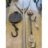 A wooden rustic hay rake, Salters trade spring balance scales , an early instrument etc.