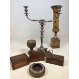 A porcupine quill pot, three wooden boxes, a candelabra, a candle holder and other items