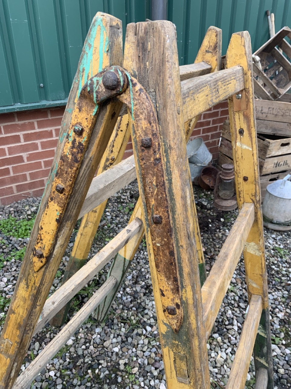 A pair of Victorian pine trestle stands with original paintwork. W:62cm x H:142cm - Image 2 of 4