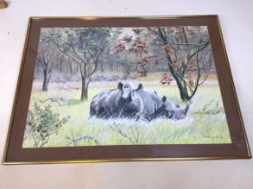 James Aynsley, British artist, a gouache of rhinos and Zebras in an African landscape. Signed and