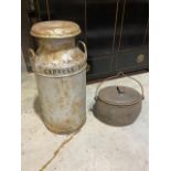 A vintage metal express Dairy London milk churn also with a metal cauldron cook pot marked Baldwin