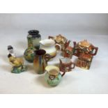Mixed ceramics including a fat lava vase, Honiton pottery jug, Chinese items and others