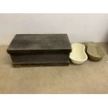 A vintage pine work box (a.f woodworm to base) and contents. W:86cm x D:46cm x H:34cm