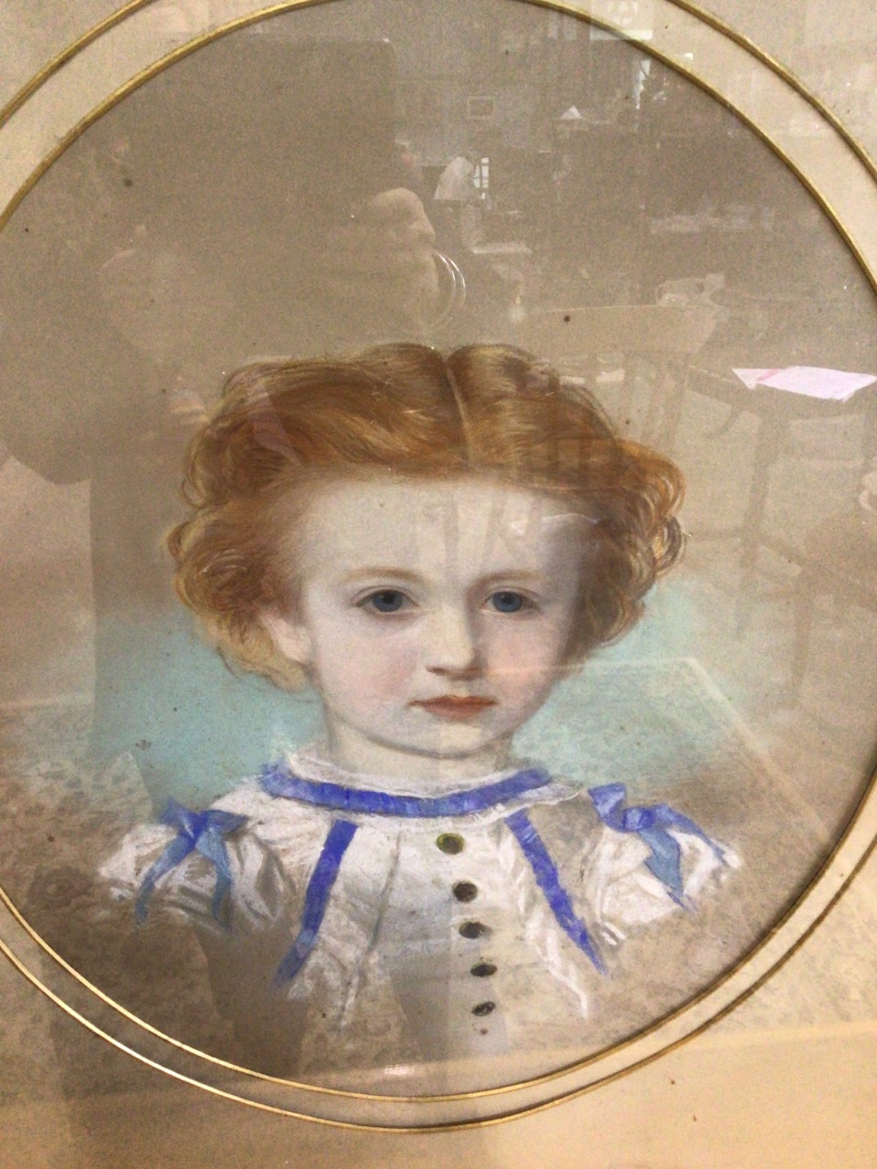 A late 19C Pastel portrait on paper in double oval mount in gilt and silvered frame. Unsigned W:64cm - Image 2 of 3