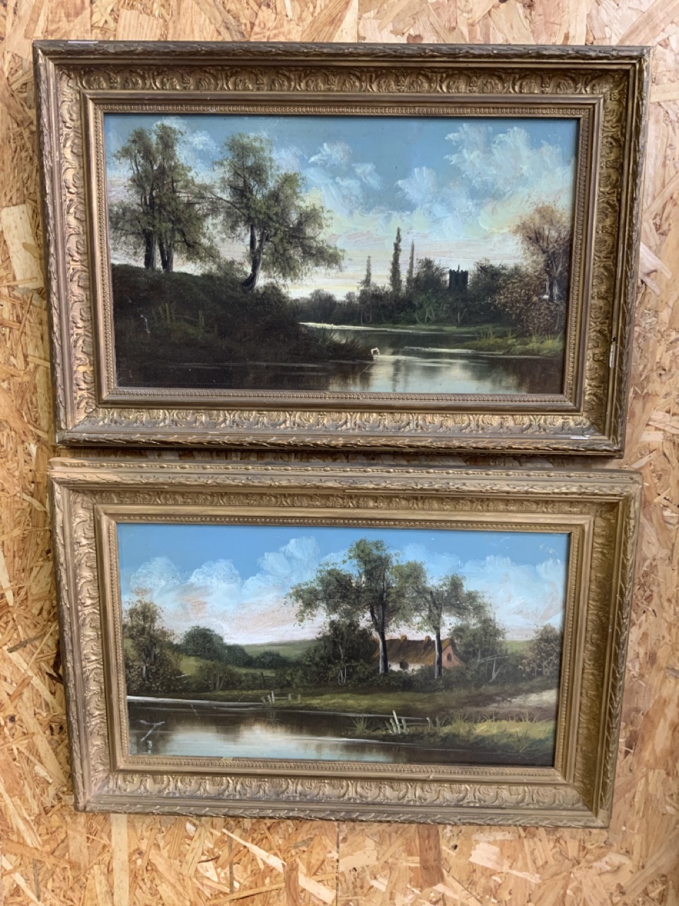 A pair of Victorian oils in gesso gilt frames.