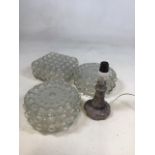 A Serpentine lighthouse lamp H:15cm also with three vintage moulded glass ceiling lights