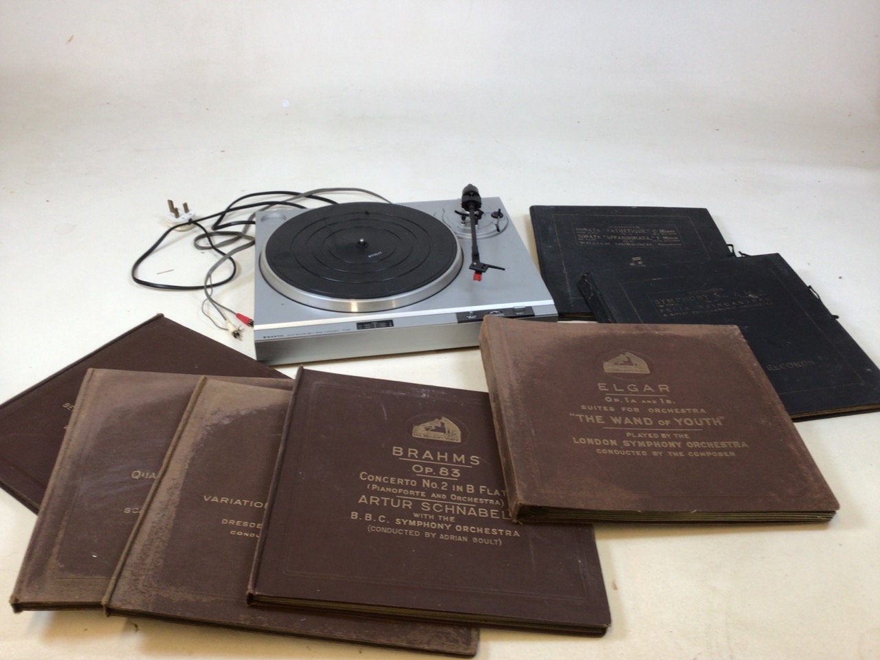 A Sanyo turntable TP 250 together with 7 boxed sets of 78s classical records